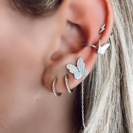 Backs Earrings Aesthetic Butterfly Link Chain Ear Clip For Women Girl Korean Fashion Gold Colour Micro Inlaid Zircon Jewellery KCE222