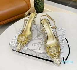 High Heels Slingback Sandals Designer Women Dress Shoes Pointed Toe Real Leather Gold Silver Sexy Pumps Lady Summer Shoe