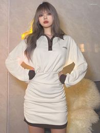 Casual Dresses Vintage Dress Women Slim Preppy Style Short Long Sleeve Polo Collar Y2k Female Robe High Street Korean Fashion