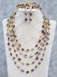 Pendant Necklaces Z11678 Set 4Row Purple Baroque Amethyst gold plating Chain Necklace Bracelet Earring 230804