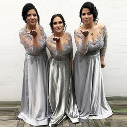 Silver Plus Size Bridesmaid Dresses 2023 Sheer Neck Long Sleeve Sweep Train Appliques Beads Garden Country Wedding Guest Evening Gowns