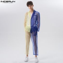 Mens Tracksuits Men Sets Patchwork Mesh Transparent Colorblock Long Sleeve Blazer Pants 2PCS Streetwear Fashion Suits INCERUN S5XL 230803