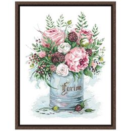 Chinese Style Products Pink rose cross stitch kits flower pattern design unprint canvas embroidery DIY needlework