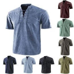 Men's Casual Shirts Solid Color Lace-up Stand Pullover Collar Short-sleeved Fashionable And Comfortable Shirt