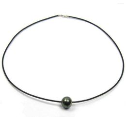 Pendants 10-11mm Natural Tahitian Black Pearl Necklace 17inch Leather Chain