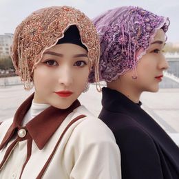 Ethnic Clothing Women Party Cap Beaded Flower Muslim Hijab Instant Turban Hair Cover Bandanas Headband Headwrap Arab Amira Headscarf
