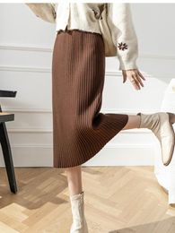 Skirts JMPRS Fall Elegant Knitted Skirt Korean Fashion Strip Mid-length Straight Faldas Mujer Vintage Solid One-step Outwear