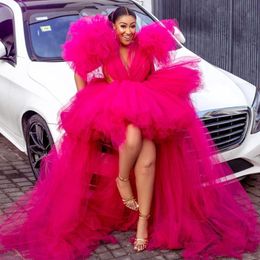 Hot Pink High Low Prom Dresses Deep V Neck Puffy Sleeve Womens Evening Party Dress Layered Ball Celebrity Gown 415