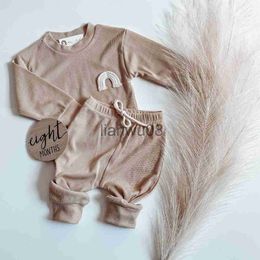 Clothing Sets INS Baby Cotton Kintting Clothing Sets Kids Boys Girls Spring Autumn Loose Tracksuit Rainbow Pullovers TopsPants 2PCS Clothes x0803