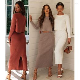 Work Dresses Two Piece Set Women Streetwear Elegant Ladies Round Neck Pullover Short Sweater Knitted Split Long Skirt Solid Y2k Outwear Suit