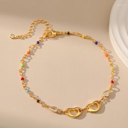 Anklets Copper Plated 18K Gold Anklet Women Heart Accessories Colorful Rice Beads Chain Vintage Simple Fashion Birthday Gifts