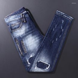 Men's Jeans Street Fashion Men Retro Blue Zipper Designer Slim Ripped Wrinkle Patched Hip Hop Brand Pants Hombre