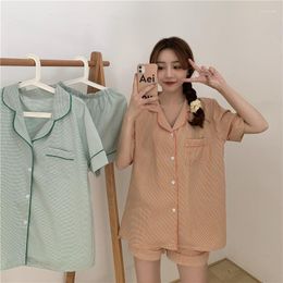 Women's Sleepwear Korean Style Lady Pyjamas Suit Pajamas Set Girls Plaid Short Sleeve Shirt Women Loose Casual Orange Green Homewear Summer