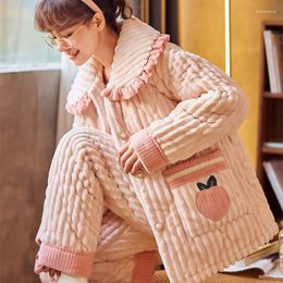 Women's Sleepwear Winter Women Pyjamas Set Thickened Flannel Sweet Pink Coral Fleece Nightwear Trouser Suits Loose Casual Home Clothes