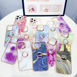 With Finger Ring Holder Marble Cases For Iphone 15 14 13 Pro Max 12 11 X XR XS 8 7 Plus Chromed Plating Lace Flower Soft TPU IMD Stone Rock Kickstand Shockproof Cover