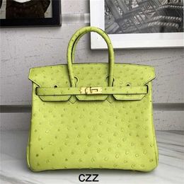 Platinum Handbag Designer Ostrich Women 25cm Women's Apple Green Hand Sewing with Logo Genuine Leather