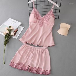 Women's Sleepwear Ice Silk Touch Soft Women Pajamas Embroidery Sexy V Lead Spaghetti Strap Shorts Set