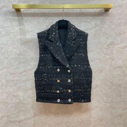 Women's Vests Heavy Industry High Quality Beaded Sequins Suit Collar Thick Tweed Vest Sleeveless Tank Top