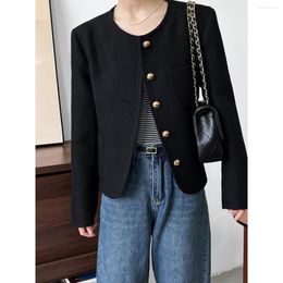 Women's Jackets Solid Metal Button Black Tweed Jacket Coat Korean Style Simple Outwear Chic Top