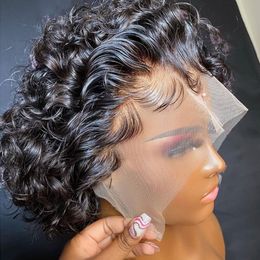 Lace Wigs Pixie Cut Wig Short Bob Curly Human Hair perruque bresillienne 13X1 Transparent Water Deep Wave 230803