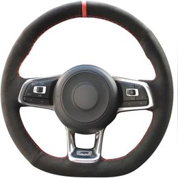 Black Genuine Leather Suede Steering Wheel Covers for 2015-2019 VW Jetta GLI Golf R Golf 7 MK7 Golf GTI Accessories2177