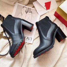 2023s Women black Leather boot ankle boots red botto high heels chunky heeled booty Marchacroche Calf Leathers Ankles Booties platform rubber soles Size35-43