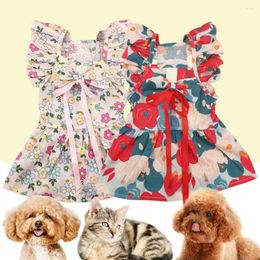 Dog Apparel Floral Princess Dress With Bow Tie Sleeveless Breathable Spring Summer Charming Pet Skirt For Small Dogs Cats