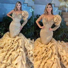 Luxury Champagne Mermaid Evening Dresses Sweetheart Long Sleeves Beads Sequins Formal Party Prom Dress Ruffle Bottom Red Carpet Long Dresses for special occasion