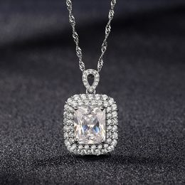 European and American Square Clear Crystal Pendant Necklace S925 Sterling Silver Simple Elegant Engagement Wedding Jewelry Gift