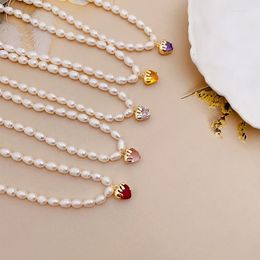 Pendant Necklaces Minar Charming Colourful CZ Cubic Zircon Heart For Women Freshwater Pearl Beaded Choker Statement Party Jewellery