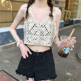 Women's Vests Short Knit Shirt Embroidered Vest Cardigan V-neck Hollowed Out Sleeveless Camisole Top