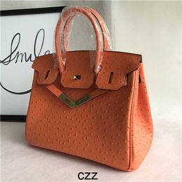 Platinum Handbag Ostrich Designer Portable Slanting Orange Original with Logo Genuine Leather