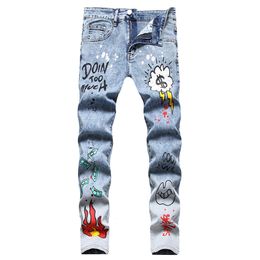 Men s Jeans Men Printed Stretch Fashion Flame Letters Dollar Painted Denim Pants Snow Washed Slim Straight Trousers 230804