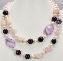 Chains HABITOO Natural White Pearl Rose Quartz Amethyst Pink Opal Gems Stone Necklace 42"Jewelry For Woman Choker Chain