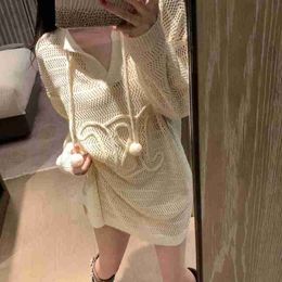 Women's Polos Designer CE23 Spring/Summer New Letter Embroidery Mesh V-Neck Long Sleeve Fur Ball Sunscreen Sweater for Casual Fashion Versatile 9ZYF