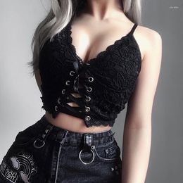 Women's Tanks Gothic Sexy V-Neck Backless Lace Slim Fit Knitted Sling Crop Tops Camis Grunge Punk Aesthetic Black Streetwear For Women