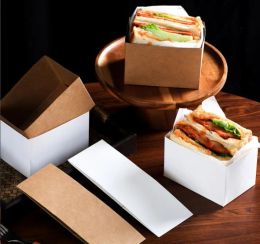 wholesale Kraft Paper Sandwiches Wrapping Box Thick Egg Toast Bread Breakfast Packaging Boxes Burger Teatime Tray DH948 LL