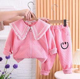 Clothing Sets Korean Style Boutique Outfits 2023 Fashion Girl Lace Collar Smile Printed Zipper Jackets And Pants Kids Tracksuits Baby