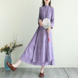 Ethnic Clothing 2023 Chinese Cotton Linen Retro Style Dress Women's Summer Standing Collar Long Art Improved Qipao