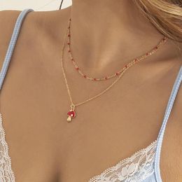 Pendant Necklaces Simple Double Layer Metal Clavicle Necklace Women 2023 Retro Creative Red Beads Mushroom Girls Fashion Jewelry