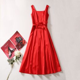 2023 Autumn Black / Red Solid Color Bow Belted Dress Sleeveless Square Neck Panelled Midi Casual Dresses A3Q191340 Plus Size XXL