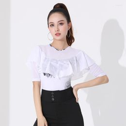 Stage Wear 2023 Women Latin Dance Top Front Stitching V-neck Gauze Flounces Ballroom Costumes Female One-piece White Short Sleeve Shirt