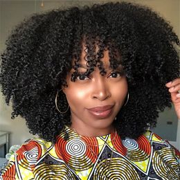 Synthetische Perücken, mongolisches Afro-Haar, verworrenes lockiges Echthaar mit Pony, kurzes brasilianisches Remy-Haar, maschinell hergestellt, für Frauen, ohne Kleber, 230803