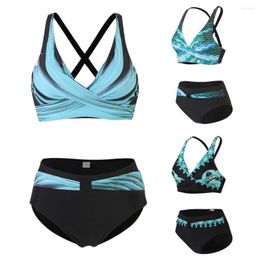 Women's Swimwear 2 Pcs/Set Women Swimsuit Contrast Colour Geometric Print Backless Cross Strap Deep V Neck Swimming Quick Drying High Waist