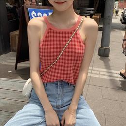 Women's Tanks Halter Neck Plaid Camisole Outer Wear 2023 Korean Version Of The Summer Slim Bottoming Top Sexy Tank Camis