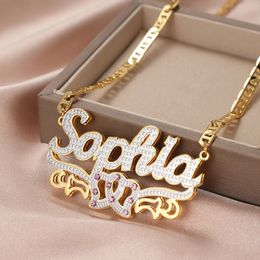 Pendant Necklaces Dascusto Personalised Nameplate Name Necklace Custom 3D 18KGold Plated Double Diamond Choker Pendant Two-Tone Chain For Women 230804