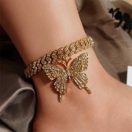 Men Women TOP Hop Iced Out Bling Butterfly Pendant Anklet with 12mm Miami Cuban Chain Charm Fashion Jewellery Gift 230719