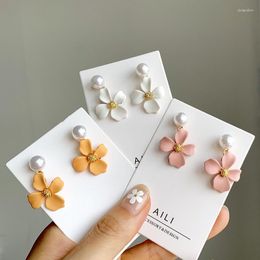 Dangle Earrings EM082 Korean Temperament Simple Candy Colour Matte Small Flower Imitation Pearl Drop Earring For Women Fashion Jewellery