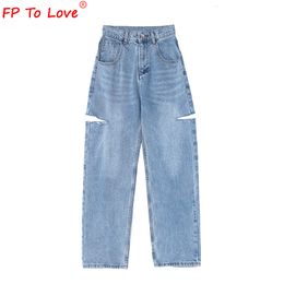 Men's Jeans Woman Design Jeans Denim Trousers Spring Autumn Street Style Ripped Cut Full Length High Waist Light Blue Zipper Wide Leg Pants 230803