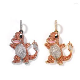 Pendant Necklaces Iced Out Bling Cute Cartoon Flame Dinosaur Necklace CZ Stone Mens Females Hip Hop Jewellery Gift